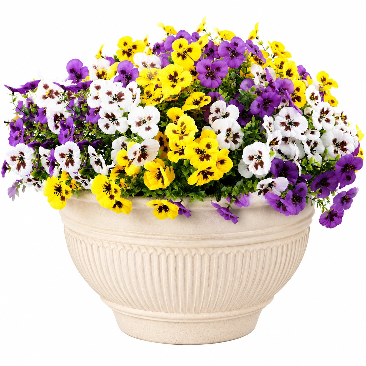 Arreglo de Pensamientos Artificiales en Maceta Morado Amarillo Blanco