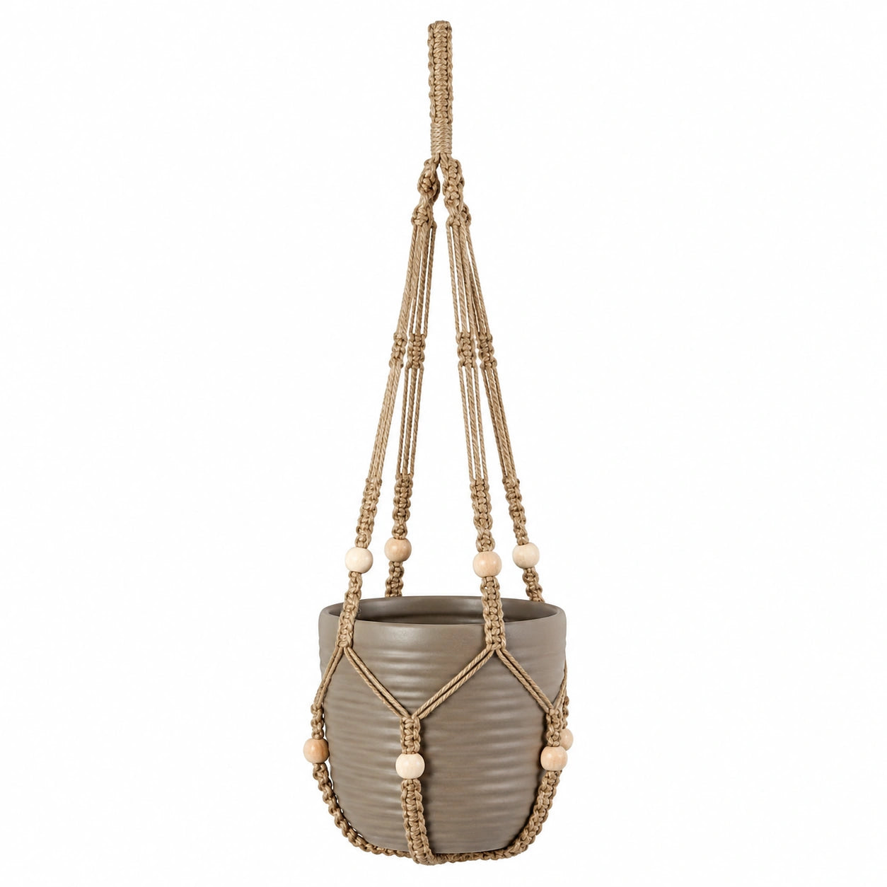 Macetero Colgante Cerámico con Macramé Beige 80 cm