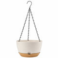 Maceta Colgante Beige con Cadena Negra y Plato de Madera