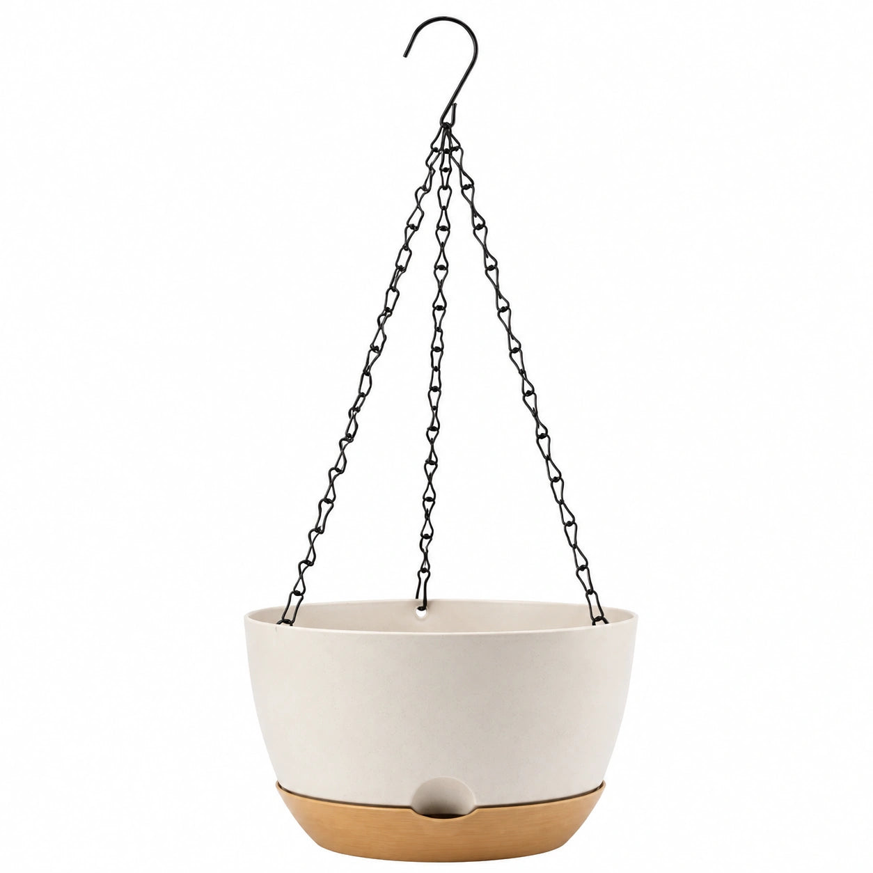 Maceta Colgante Beige con Cadena Negra y Plato de Madera