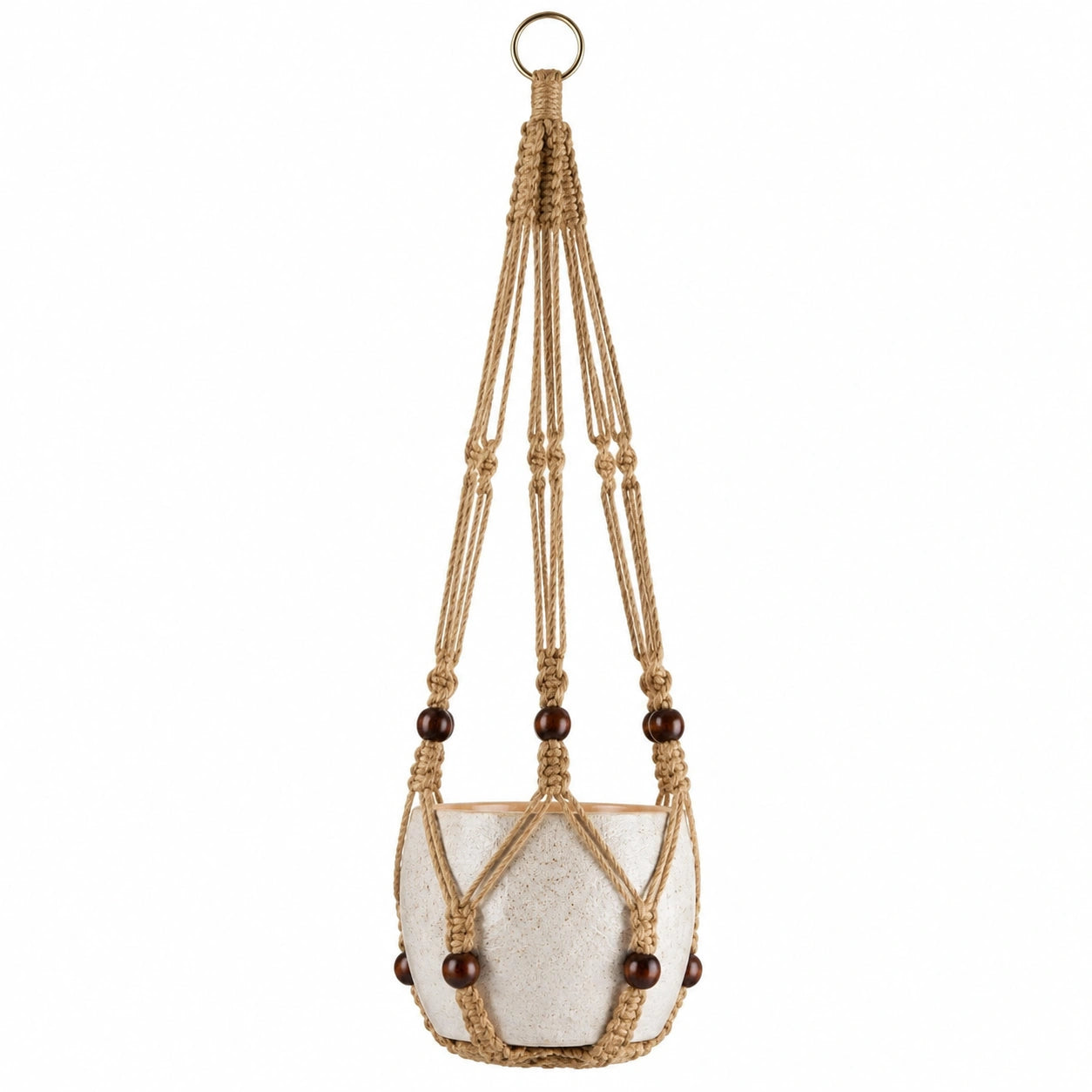 Macetero colgante de macramé beige con anillo de metal